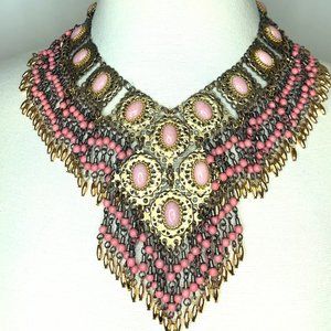 VTG 70s - Gold & Pink Boho Filigree Bib Necklace